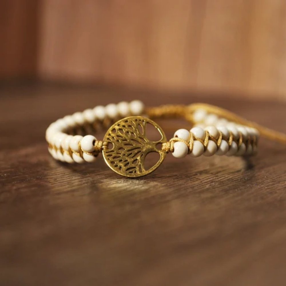Natural African Stone Bead Bracelet & Bangle with Tree of Life Braided Charm - Picture 6 of 7